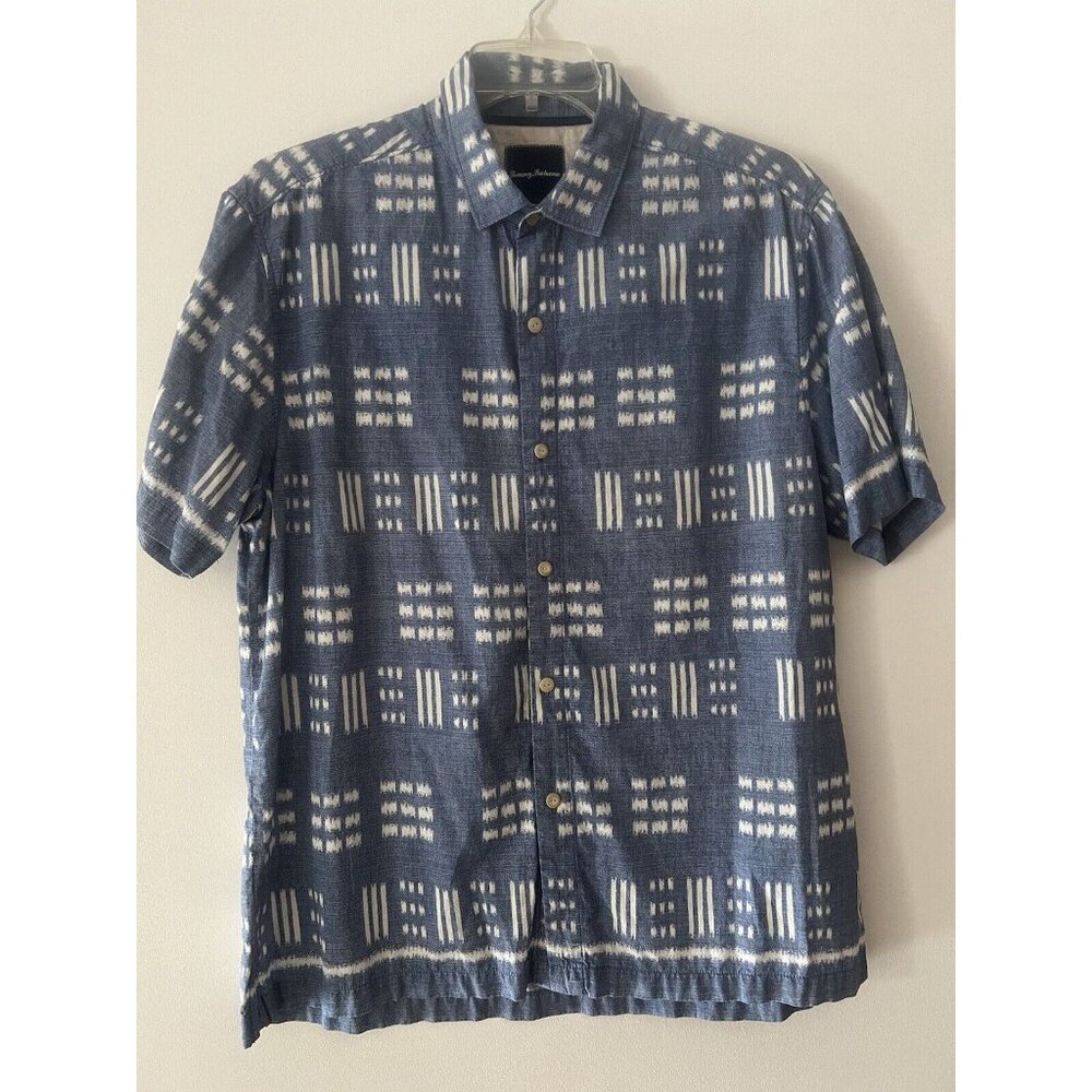Tommy Bahama Hawaiian Shirt Blue White Pattern Button-up Silk Cotton Men's SZ L